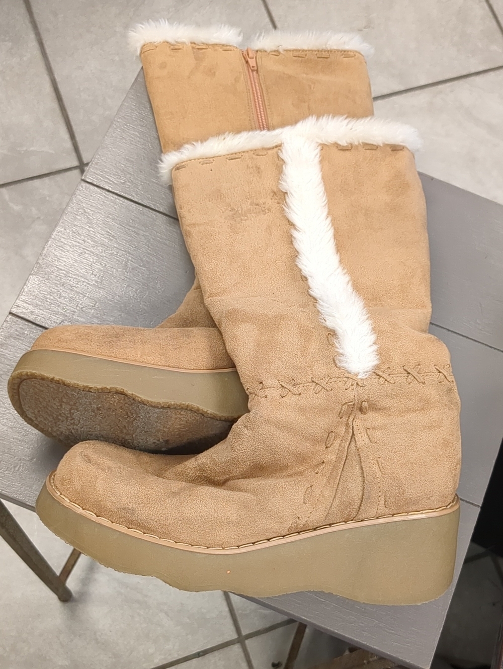 No Boundaries Tan Faux-Suede Wedge Winter Boots with White Faux-Fur Trim